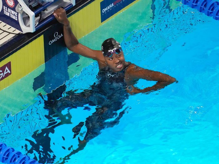 Simone Manuel reacts after swimming in the Women s 100m Freestyle prelims during the U.S. Olympic Team Trials Swimming competition at CHI Health Center Omaha.